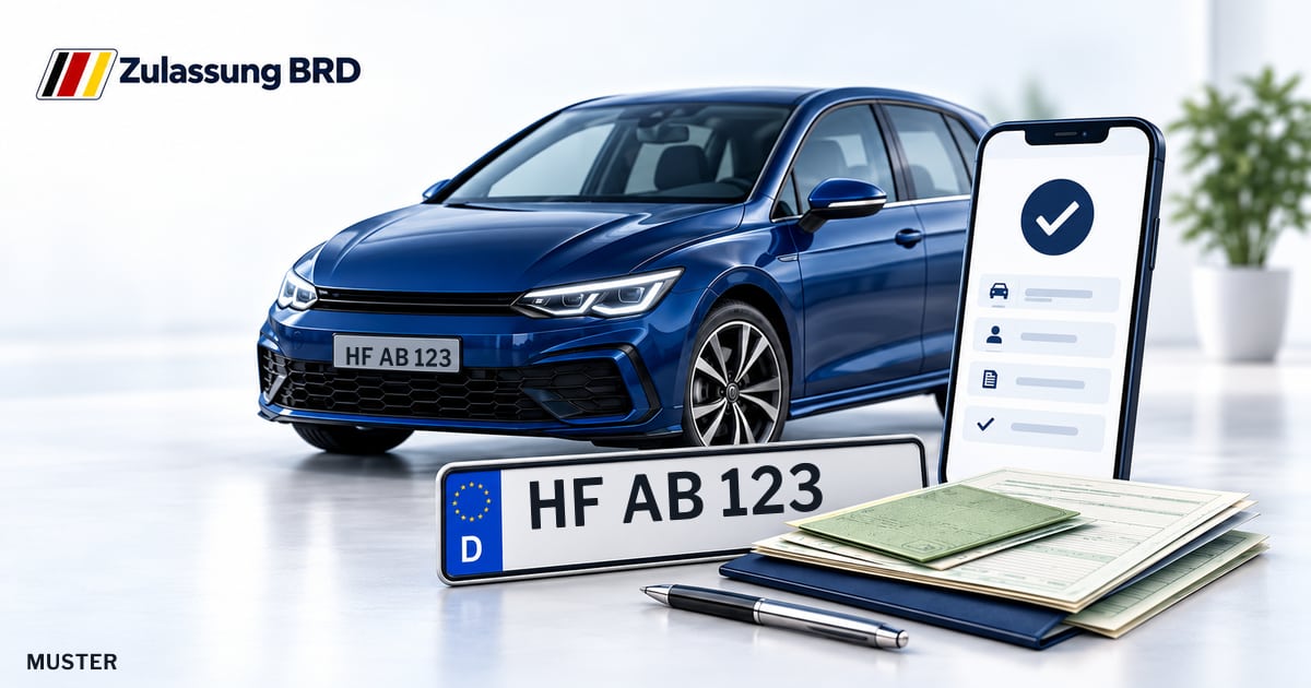 Online Fahrzeugzulassung in Enger: Musterkennzeichen HF AB 123, Auto und Fahrzeugpapiere und Smartphone. Illustration mit Logo von Zulassung BRD.